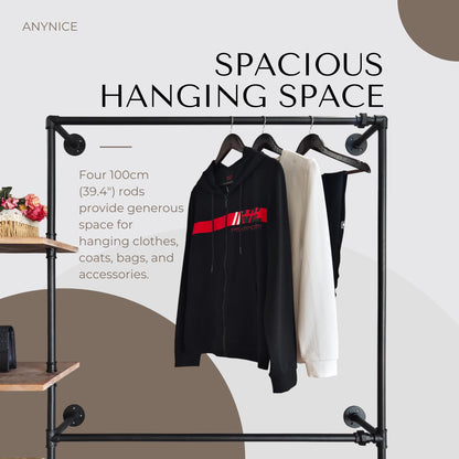 Anynice Industrial Pipe Clothing Rack Wall Mounted, DIY Custom Closet System with Shelves, Heavy Duty Garment Hanging Rack for Walk in Closet, Laundry Room, Retail Display, 14.6x122.8x82.7 in, Y05