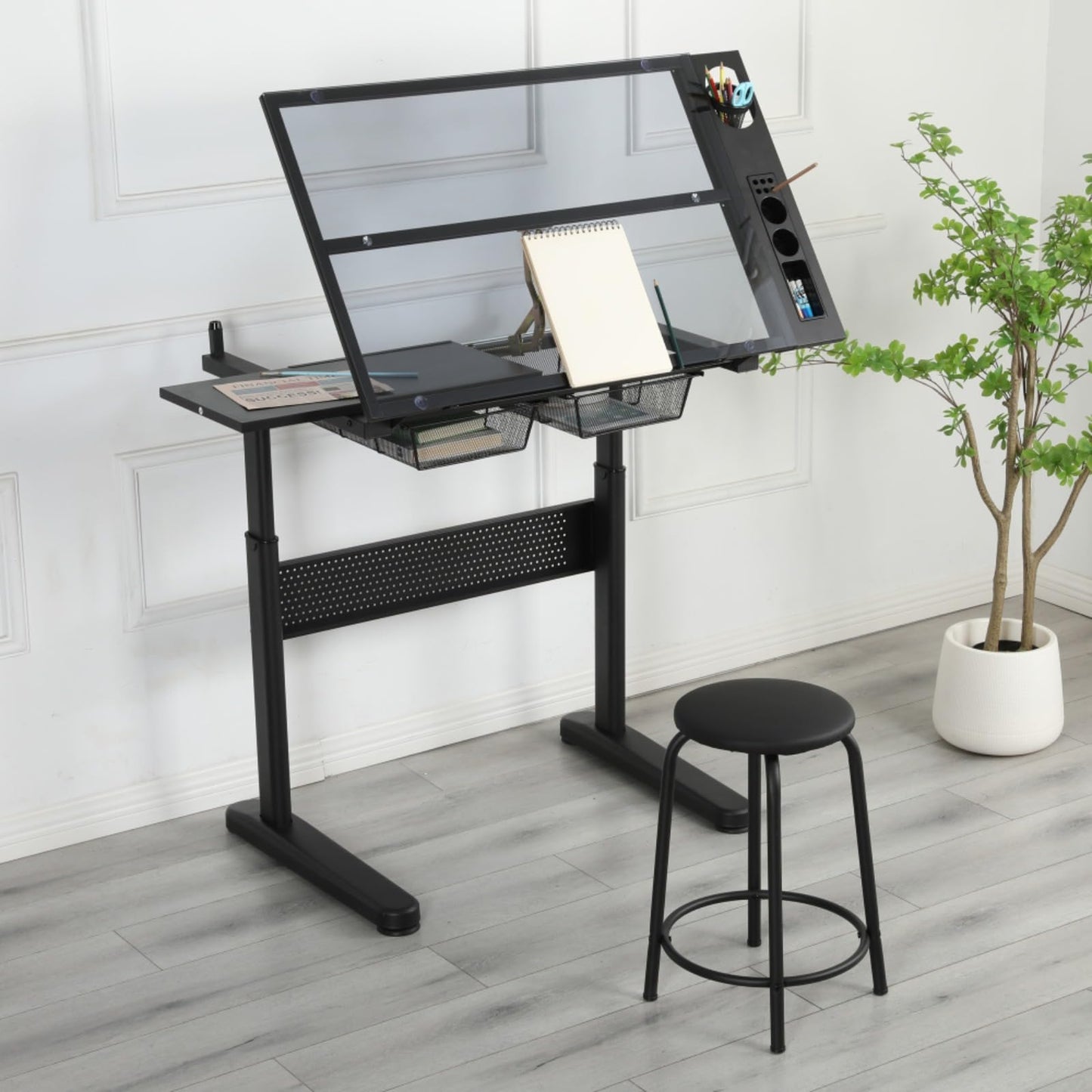 Hassyee Modern Design Hand Crank Adjustable Drafting Table Drawing Desk with Two Large-Size Metal Drawers and E0 Grade MDF Material Desktop (Black)