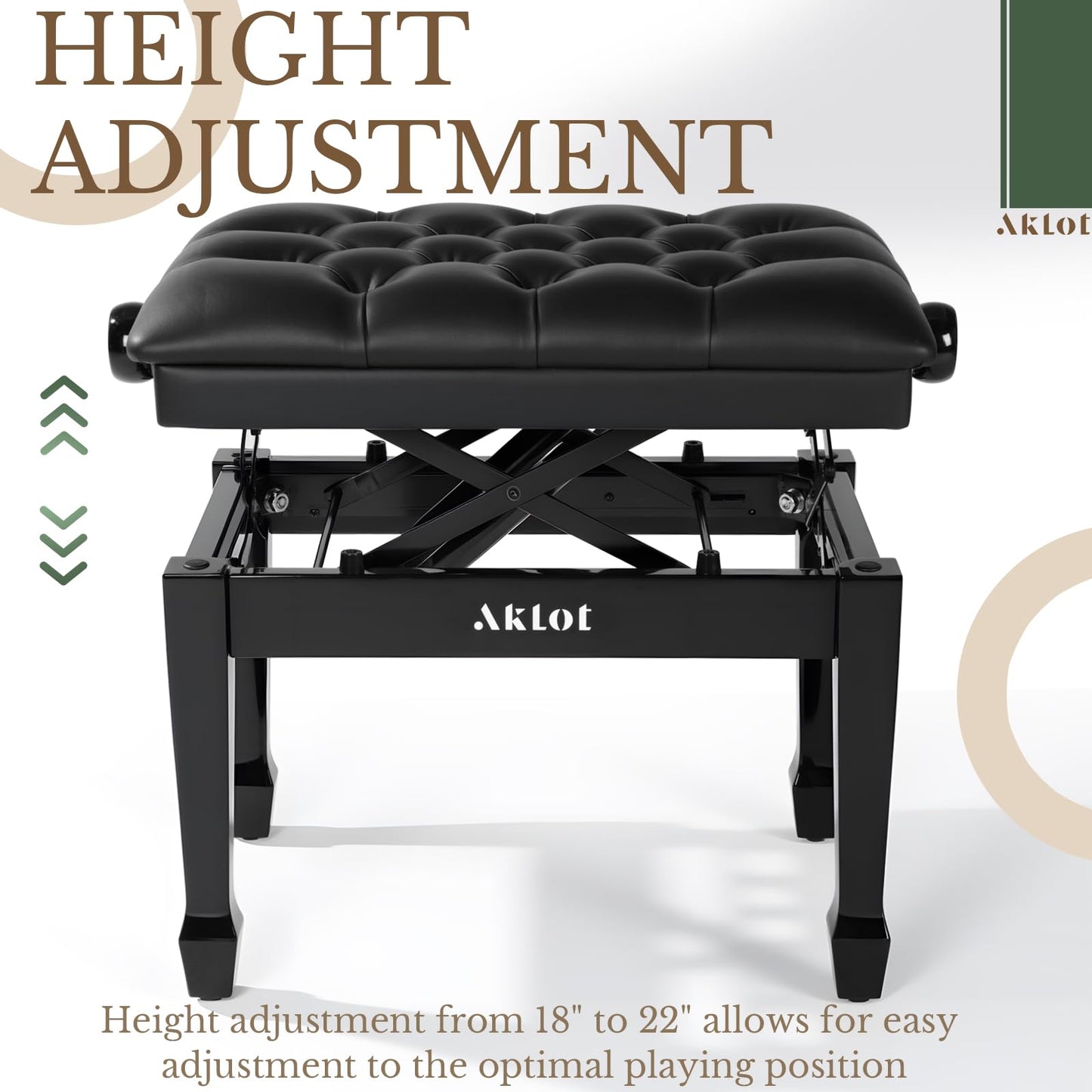 AKLOT Hydraulic Piano Bench, Keyboard Bench with Padded Cushion, Ajustbale Heavy Duty Piano Seat with High-Density Sponge, Piano Stool 23.22"X 15.75" Solid Wooden Piano Chair for Pianist（Black