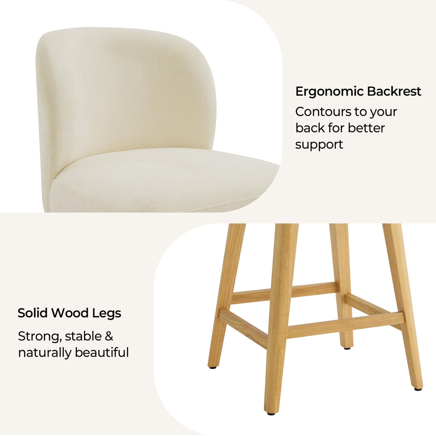 CHITA 26.8" Swivel Counter Height Bar Stools, Modern Upholstered Counter Stools with Back and Wood Legs for Kitchen Island, Home Bar, Set of 2, Cream Fabric