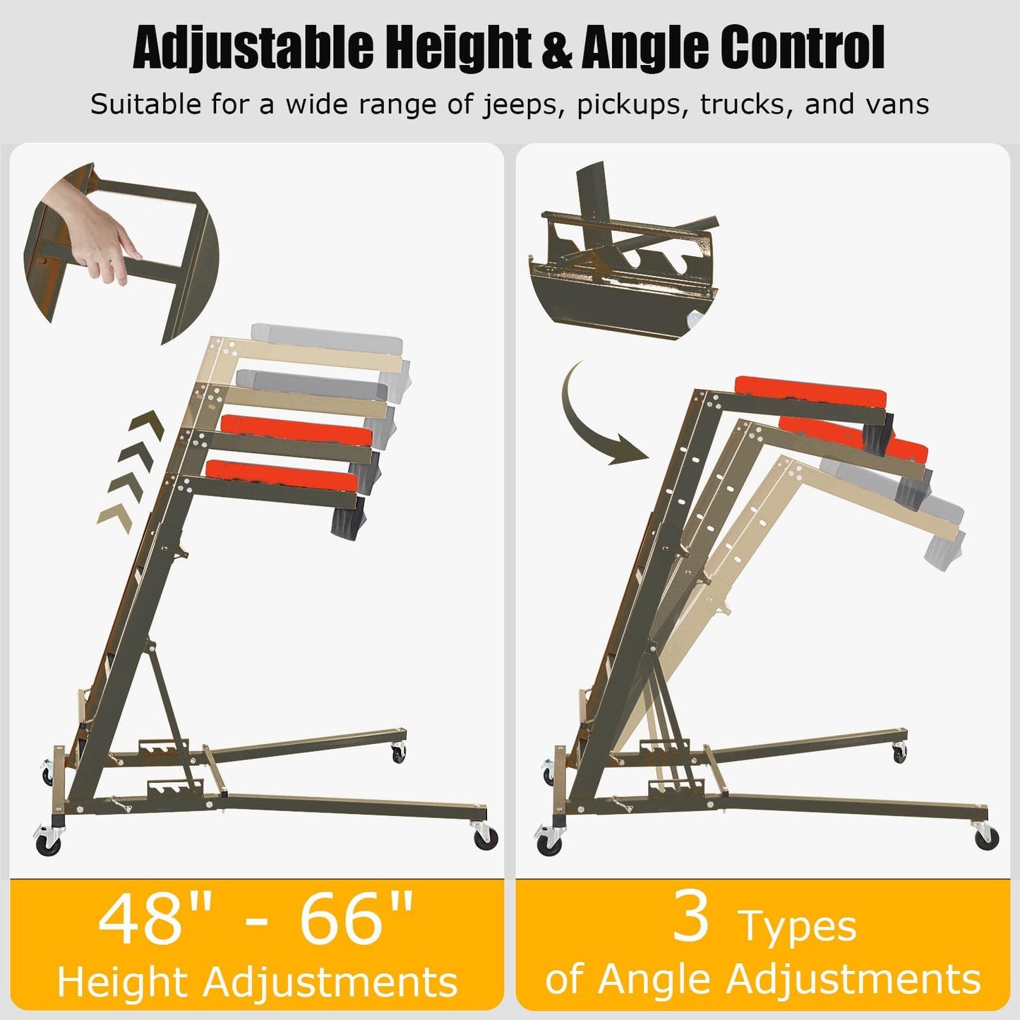 GAOMON Top Automotive Creeper, Adjustable Height 48" to 66", 400 LBS Capacity High Creeper, 4 Swivel Caster Wheels, Heavy Duty Foldable Creeper for Home Garage, Workshop