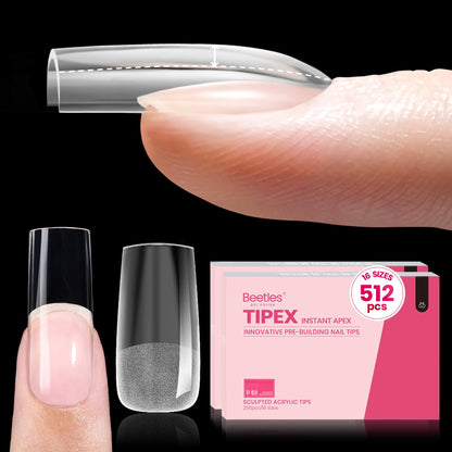 Beetles Tipex Instant Apex Nail Tips Kit, Coffin Long 224Pcs 16 Sizes Pre-Building & Pre-Etched Thicker Acrylic Nails False Nail Extension with Tipex Nail Glue Mini Nail Lamp