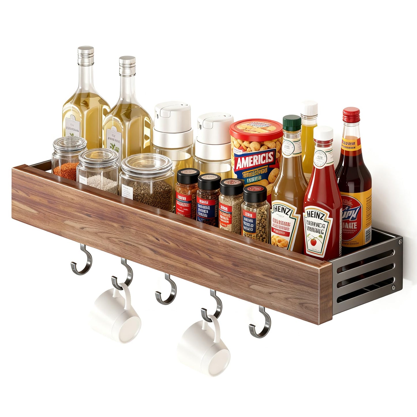 Oerlisoo spice rack wood kitchen spice rack wall mounted adjustable adhesive or screw, hung on the door and wall, black large rack for storing items in refrigerators and ovens