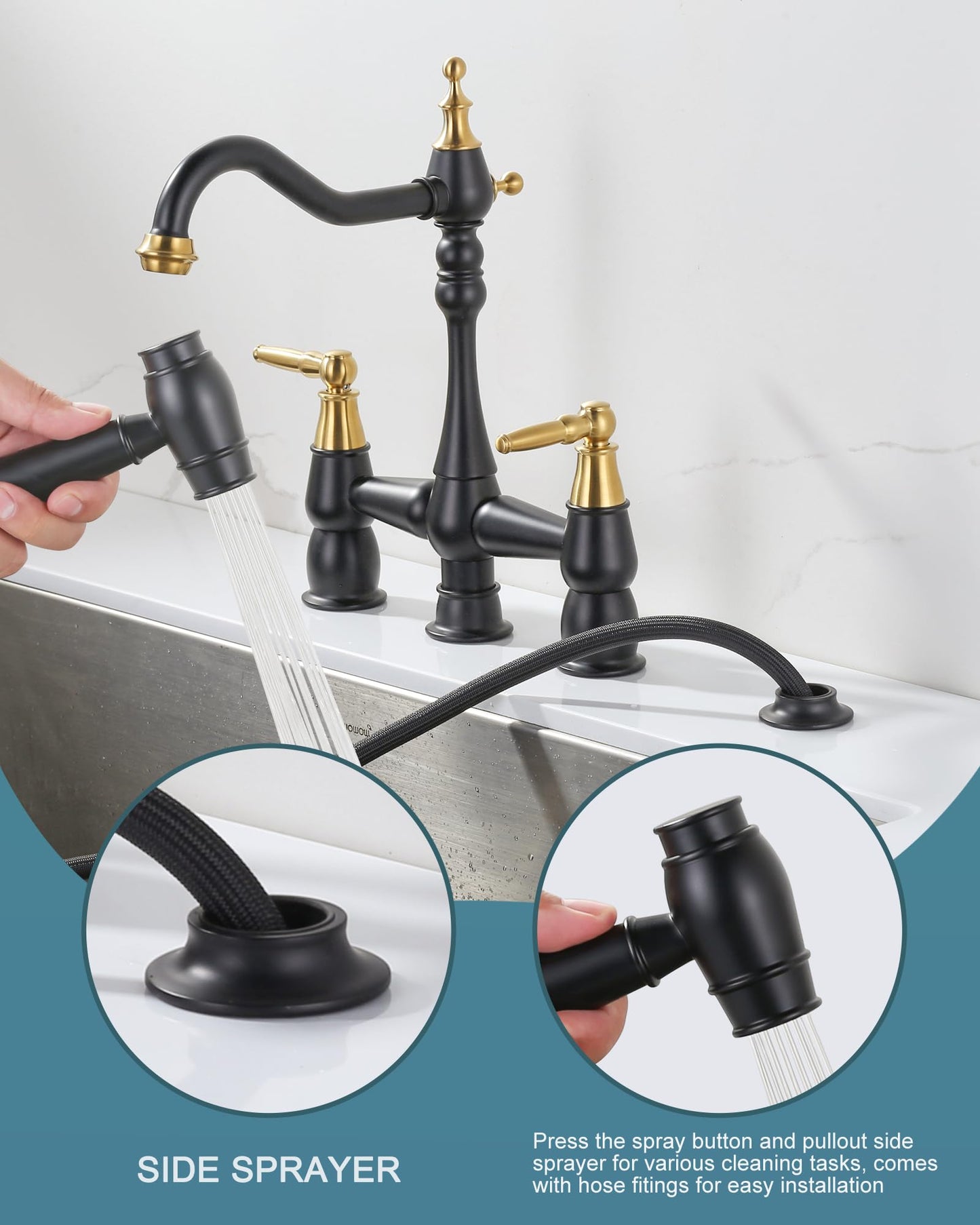 Kitchen Faucet Bridge with Side Sprayer, 4 Hole Brass Kitchen Faucet with 360° Swivel Tap, 2 Handle 8 Inch Vintage Faucet for Kitchen Sinks, Black Gold