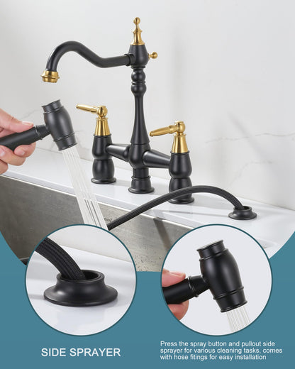 Kitchen Faucet Bridge with Side Sprayer, 4 Hole Brass Kitchen Faucet with 360° Swivel Tap, 2 Handle 8 Inch Vintage Faucet for Kitchen Sinks, Black Gold