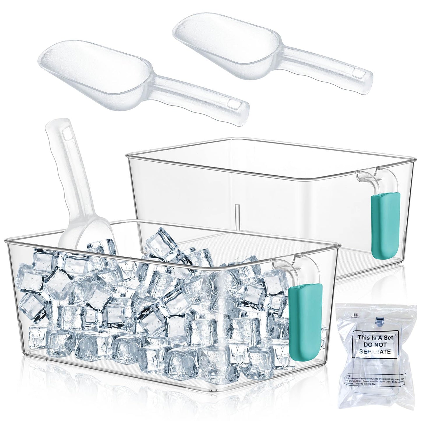 Havawish Ice Storage Bin and Flexible Scoop Set Plastic Freezer Bin with Pull out Handle Storage Bucket Clear for Container with Scoop(Blue,10.83 x 7 x 4.33 in,Classic)
