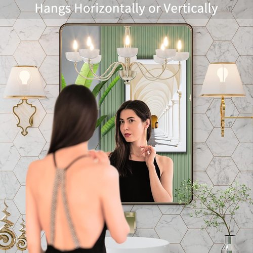LOAAO Bronze Bathroom Mirror - 22”x30” Rounded Rectangle with Anti-Rust Brushed Metal Frame | Versatile Hanging Options