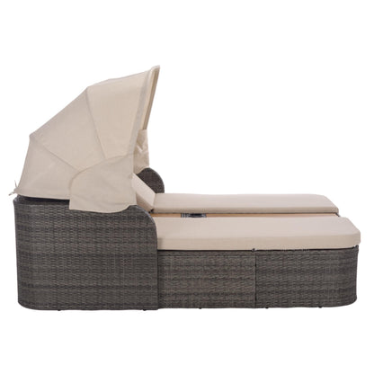 SAFAVIEH Outdoor - Victoria Grey Brown & Taupe Double Daybed, Rattan Canopy Lounger with Reversible Cushions, Cup Holders, Patio Furniture for Deck, Backyard, Poolside (PAT7759A)