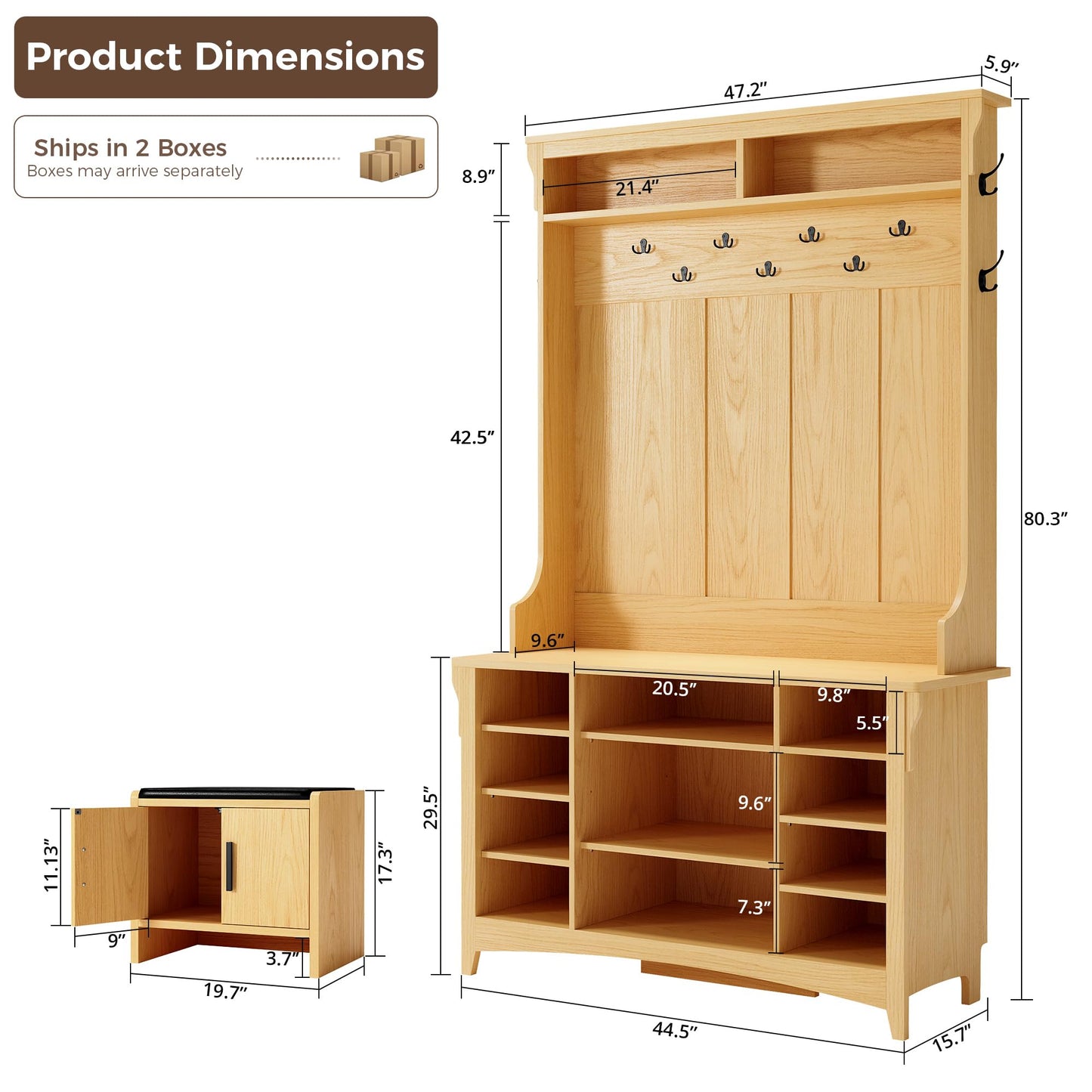 IRONCK Hall Tree with Bench and Shoe Storage, 6-in-1 Entryway Bench with Coat Rack, Adjustable Shelf, Hanging Hooks, 11 Shoe Cubbies, 2-Tier Top Storage, for Entryway, Bedroom, Living Room, Oak