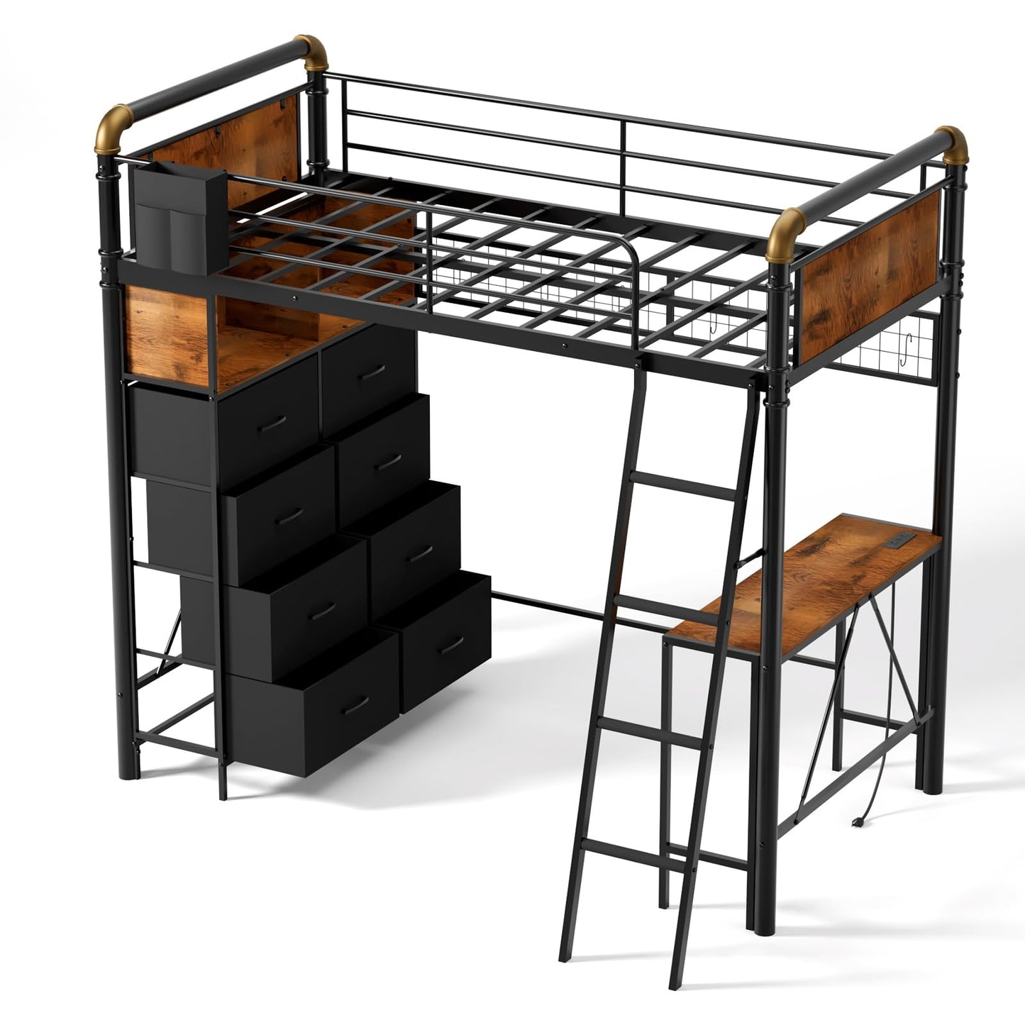 Mixcous Twin Loft Bed with Desk and Storage, 8 Drawers Metal Gaming Loft Bed Frame with USB Charging Station & Pegboard, No Box Spring Needed for Teens Adults, Black