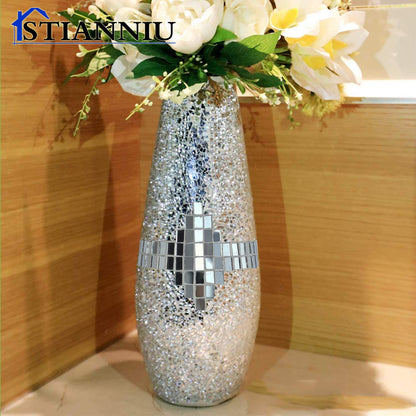 Decorative Shine Vase Stunning Handmade Mosaic Crackle Glass House Decor Table Centerpieces Modern Room Decoration (Silver)