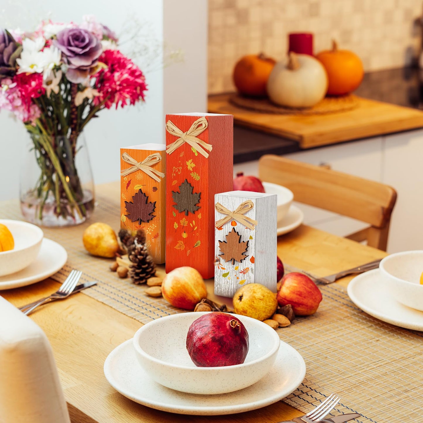 BBTO 3 Pcs Fall Wooden Table Decor Fall Tabletop Block Sign Farmhouse Thanksgiving Table Centerpiece Tiered Tray Decor for Autumn Harvest Home