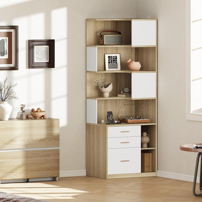 ModernMate Corner Bookshelf with Storage, 74.4" Tall L-Shaped Bookcase with 3 Drawers & AC/USB Charging Station, 7 Tier Wooden Open Display Rack for Living Home Office, Light Walnut