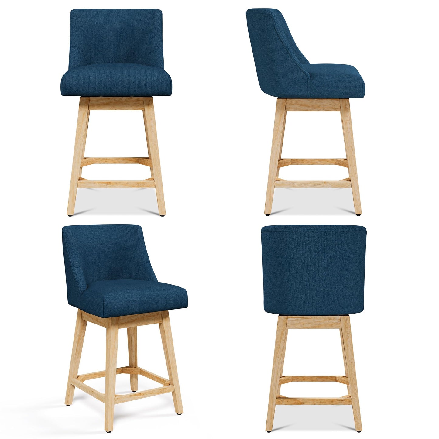 Erdoru Swivel Counter Height Bar Stools Set of 2, Modern Fabric Swivel Barstools with Contoured Back and Solid Wood Legs, Upholstered Counter Stool Bar Chairs for Kitchen Island, Home Bar, Blue