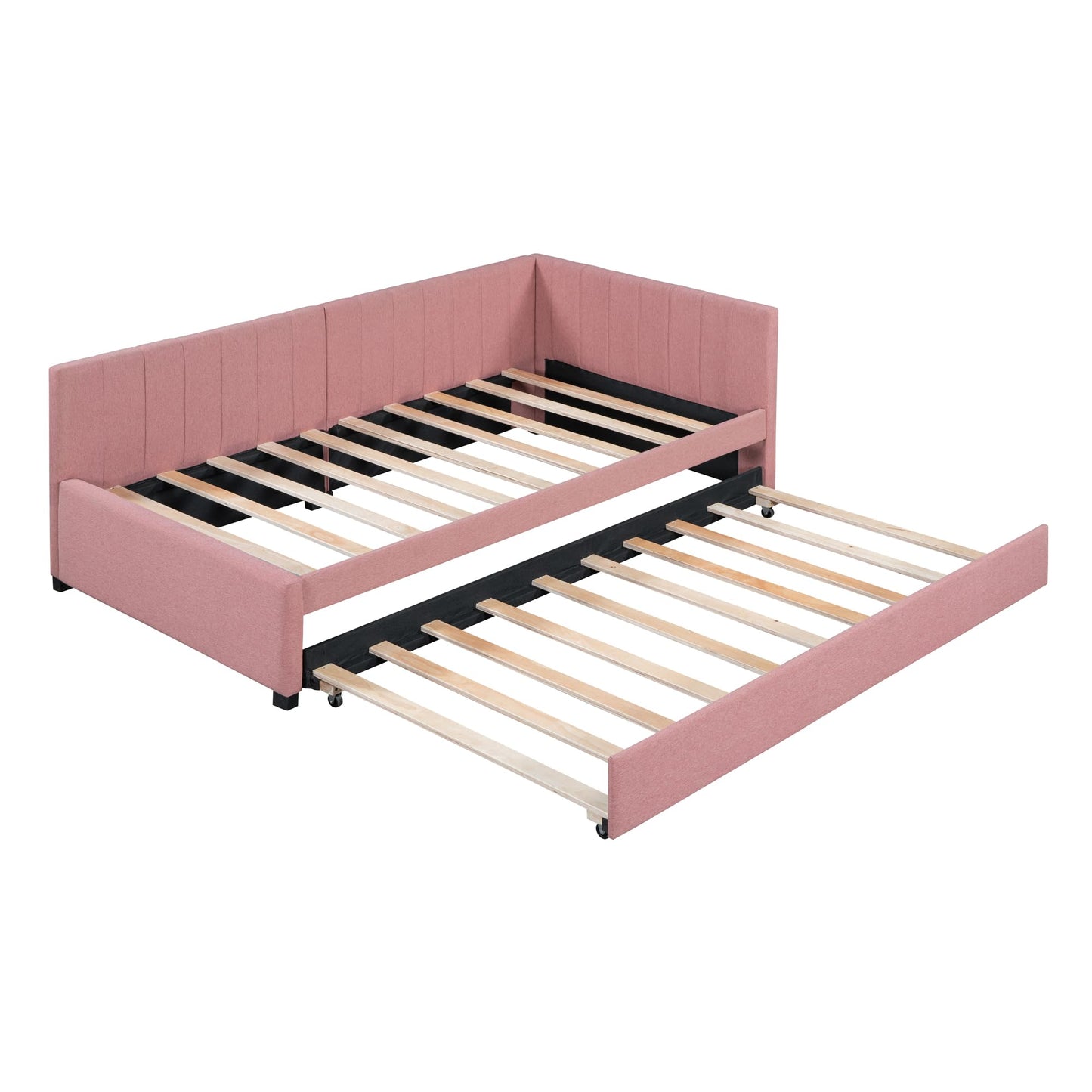 Acosure Twin Size Upholstered Linen Daybed with Twin-Size Trundle,Sofa Bed Frame W/Slat Support and Back & Armrest,No Box Spring Needed,for Apartment,Bedroom,Guest Room,Pink