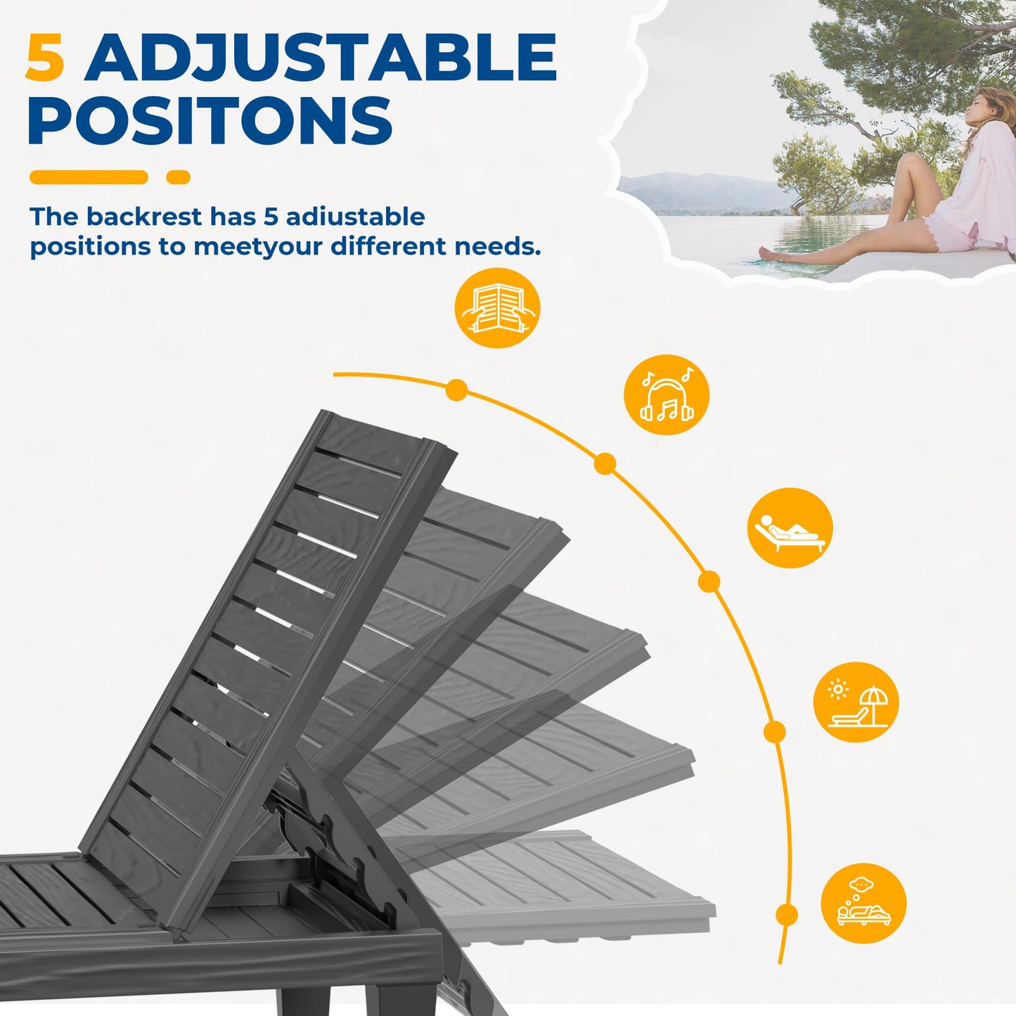 GGYI 3 Patio Lounge Chair,Resin Outdoor Chaise Lounge with Waterproof Design & Lightweight Frame,Premium Outdoor Lounge Chairs for Backyard, Poolside, Garden