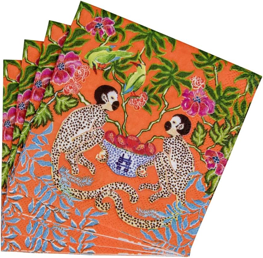 Caspari Monkeys Paper Cocktail Napkins - Two Packs of 20 in Orange