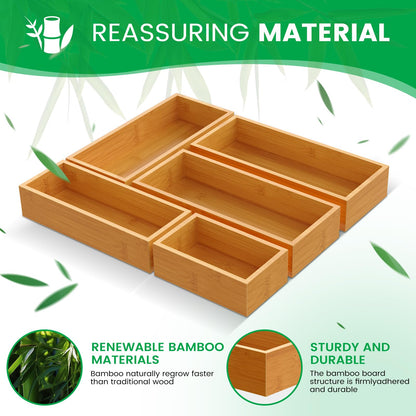 Bayting Bamboo Drawer Organizer Set, 5-Piece Storage Trays for Kitchen, Bathroom, Office Desk, Makeup & Junk Drawers,Utensils