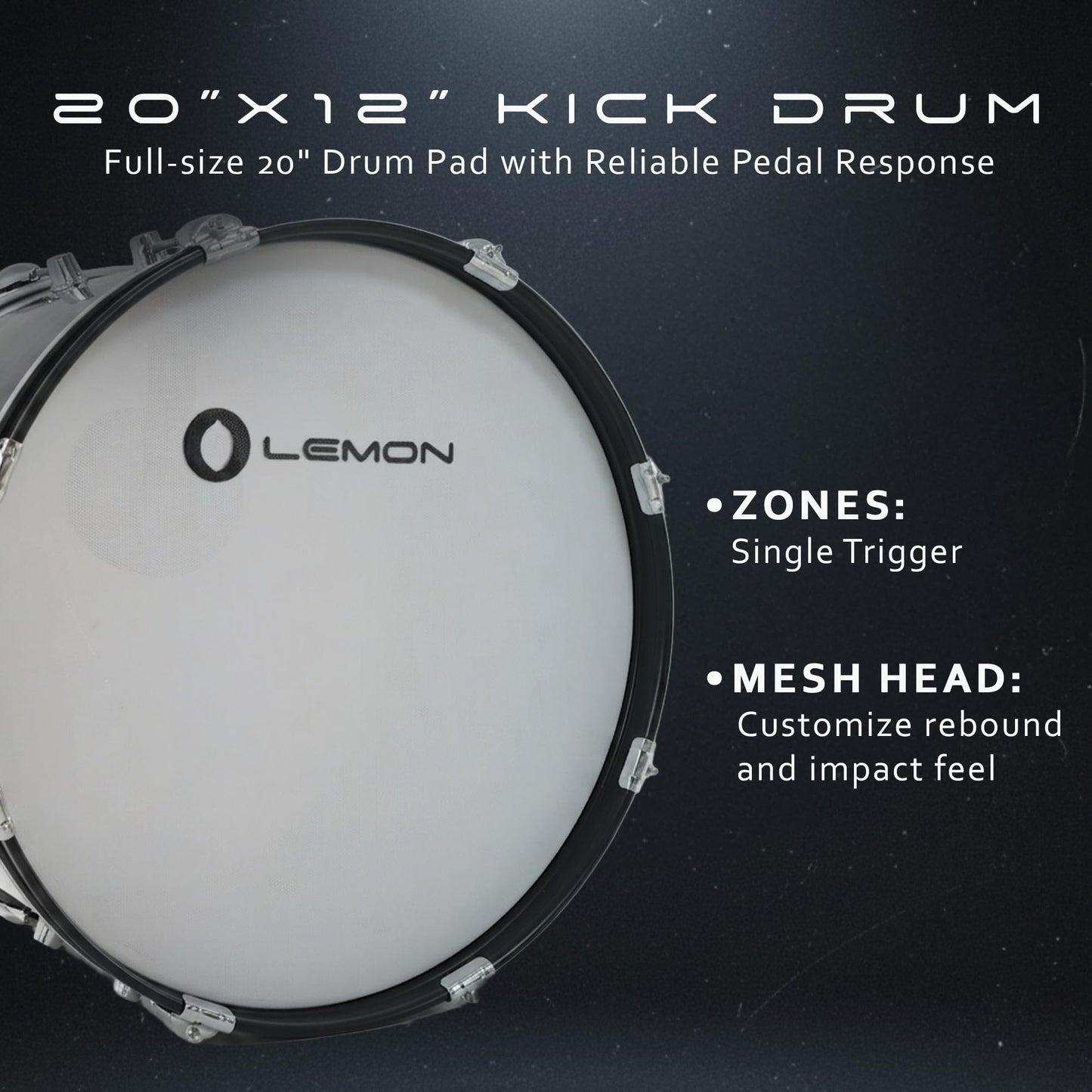 Lemon T950 Electronic Kick Drum - 20"x12" Single-Zone Mesh Bass Drum Trigger Pad, Acoustic-Style Wood Shell, Adjustable Tension, Works with Most Electronic Drum Modules, Quiet Practice, Full Size