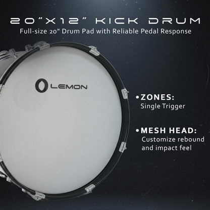 Lemon T950 Electronic Kick Drum - 20"x12" Single-Zone Mesh Bass Drum Trigger Pad, Acoustic-Style Wood Shell, Adjustable Tension, Works with Most Electronic Drum Modules, Quiet Practice, Full Size