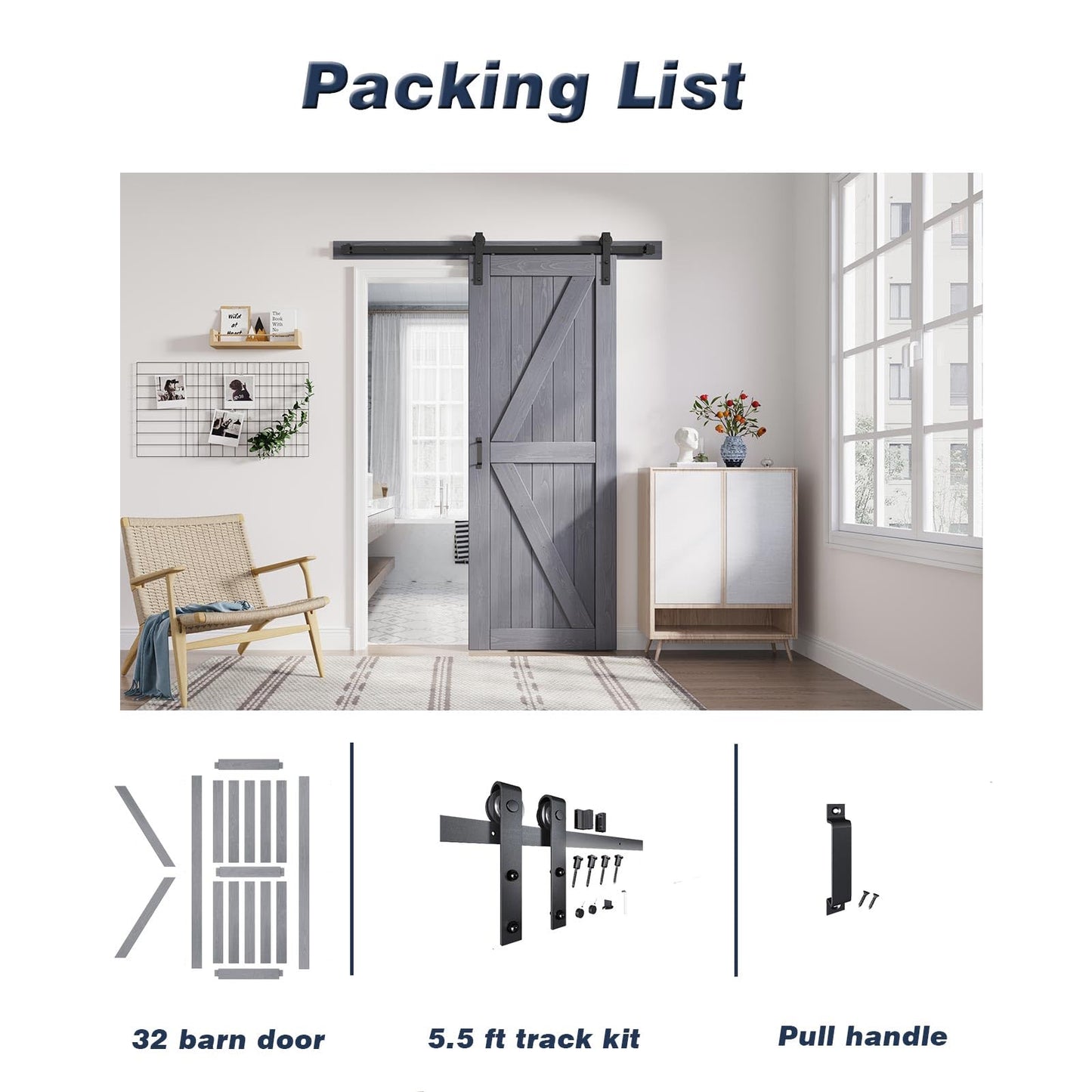 FREDBECK 32in x 84in Gray Wood Barn Door Slab with 5.5ft (66inch) Barn Door Hardware Track Kit Included, Double Surfaces,Simple Assembly is Required,K-Frame,Grey