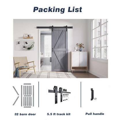 FREDBECK 32in x 84in Gray Wood Barn Door Slab with 5.5ft (66inch) Barn Door Hardware Track Kit Included, Double Surfaces,Simple Assembly is Required,K-Frame,Grey