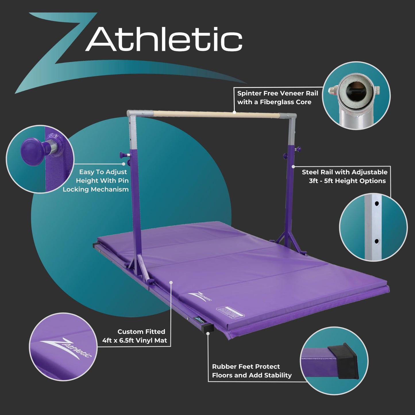 Z Athletic Flyaway Duo Adjustable Horizontal Bar and 4 Ft x 6 Ft Gymnastics Mat, Purple