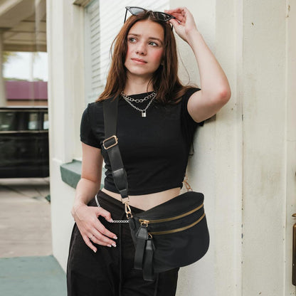 Nylon Crossbody Bags Bum Bag for Women Large Sling Bag Purse with Adjustable Strap（Black）