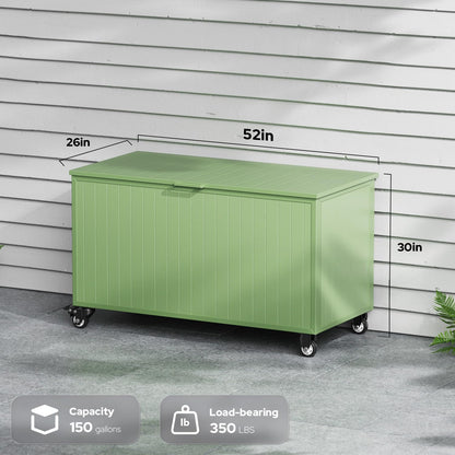 RICNOD Outdoor Storage Box with Wheels 150 Gallon, Mobile Aluminum Deck Boxes Outdoor Waterproof, UV Resistant Patio Storage Box with Lid for Patio Furniture, Garden Tools, Outdoor Cushion(Green)
