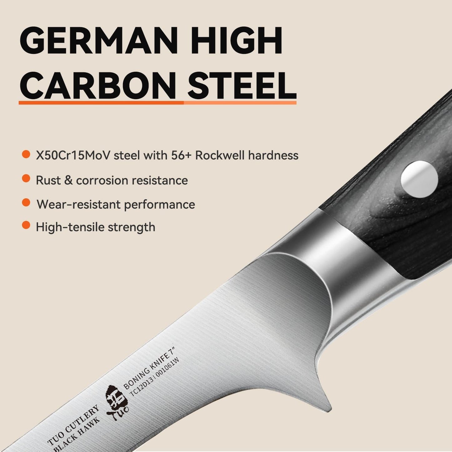 TUO Boning Knife, 7 inch Fillet Knife, German HC Steel Blade for Poultry & Fish, Full Tang Pakkawood Handle, BLACK HAWK