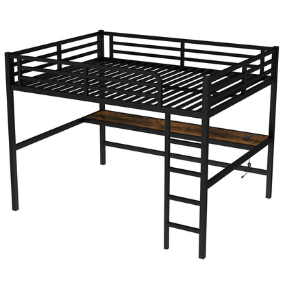 Bellemave Queen Loft Bed with Desk, Metal Queen Size Loft Bed Frame with Built-in Ladder, LED Loft Beds with Charging Station & Safety Guardrails for Kids,Teens, Adults, Black