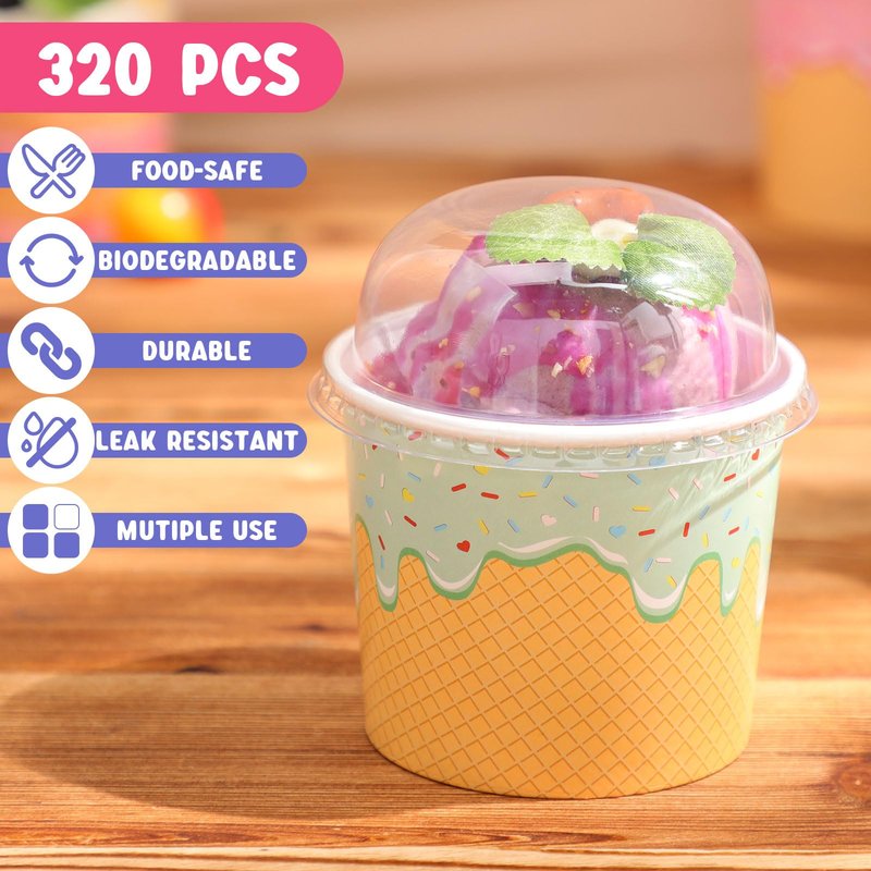 Jingmore 160 Count Paper Ice Cream Cups with Clear Dome Lids Disposable Dessert Cups Bulk Dessert Bowls Sundae Containers for Snack Yogurt Soup Birthday Ice Cream Party Supplies (6 oz)