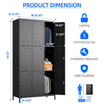 METAN Metal Locker for School Office Gym Bedroom,9 Doors Black Steel Storage Locker Cabinet for Employees, Industrial Storage Locker, Assembly Required (9 Door-Black)