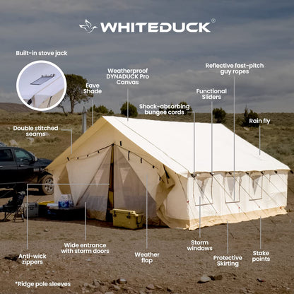 WHITEDUCK Alpha Canvas Wall Tent Waterproof 4 Season Outdoor Camping & Hunting Tent w/Heavy Duty Aluminum Frame, Best for Large Groups, Families & Outfitters (16'x24', Fire Water Repellent)