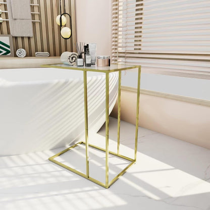 Adompacat C-Shaped End Table, Side Table for Couch,Sofa Snack Table with Tempered Glass & Metal Frame,Small TV Tray