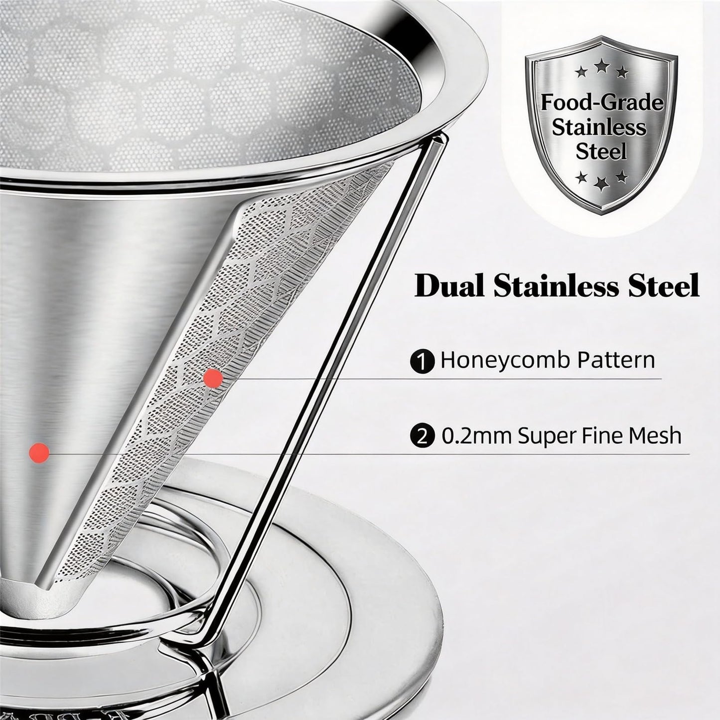 Vikuces®800 Mesh Reusable Pour Over Coffee Dripper, Metal Stainless Steel Honeycomb Filter, Paperless Cone Filter for Hario V60, Chemex and Mugs with Separate Stand, Single Cup Coffee Maker, 1-4 Cup
