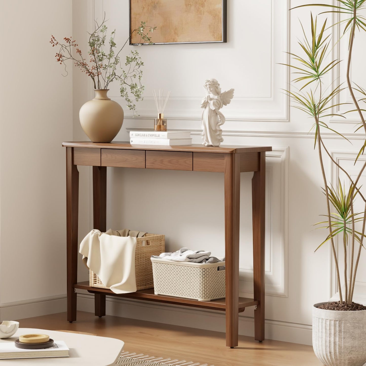AQIMUELE Wood Console Table with Drawers, Mid Century Modern Console Table Walnut for Entryway, Living Room, Hall Way.