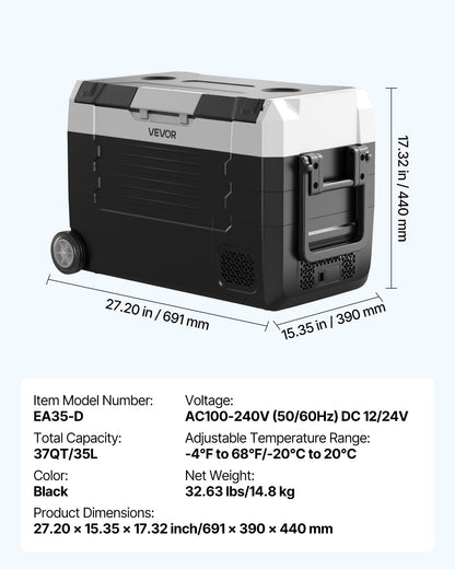 VEVOR Car Refrigerator, DC 12/24V AC100-240V Compressor Electric Cooler, -4°F to 68°F Truck Refrigerator with APP Control, Wheels & Dual Zone, 37 QT Cars Cooler for RVs, Boats, Camping, Fishing