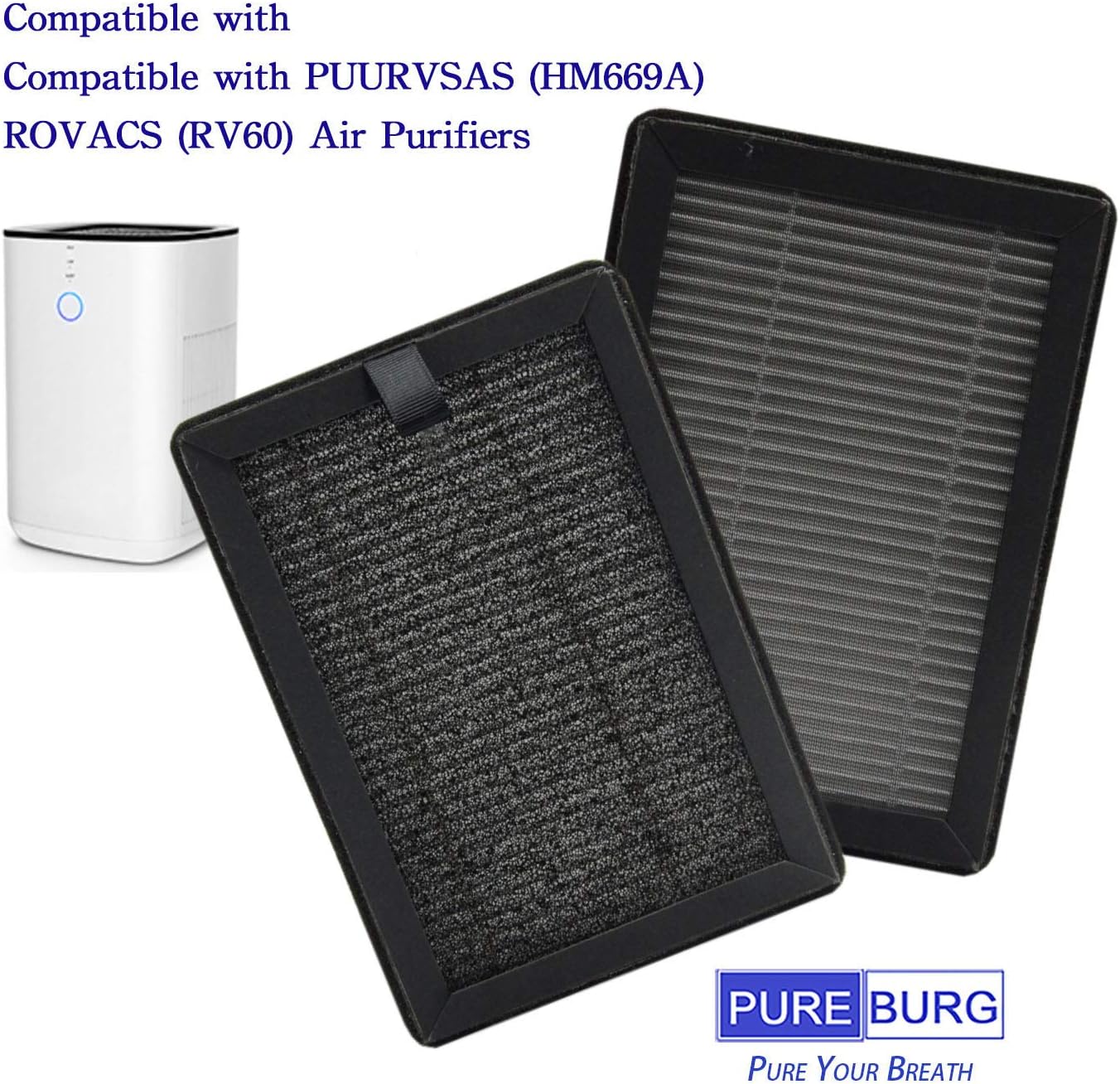 PUREBURG Replacement True HEPA Filters, Compatible with PUURVSAS (HM669A) / ROVACS (RV60) Air Purifiers, 4-Pack H13