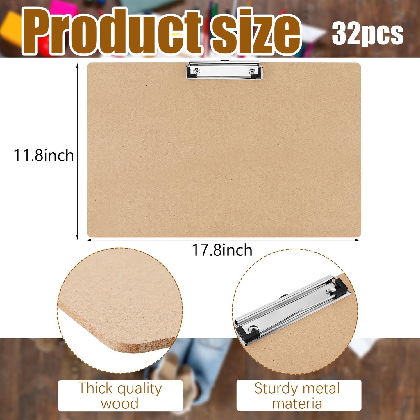 Henoyso 32 Pcs 11x17 Clipboard Wooden Horizontal Lap Board Extra Large Wood Clip Board with Low Profile Clip Desk Brown Landscape for Drawing Sketch Art for Classroom Office School Architects