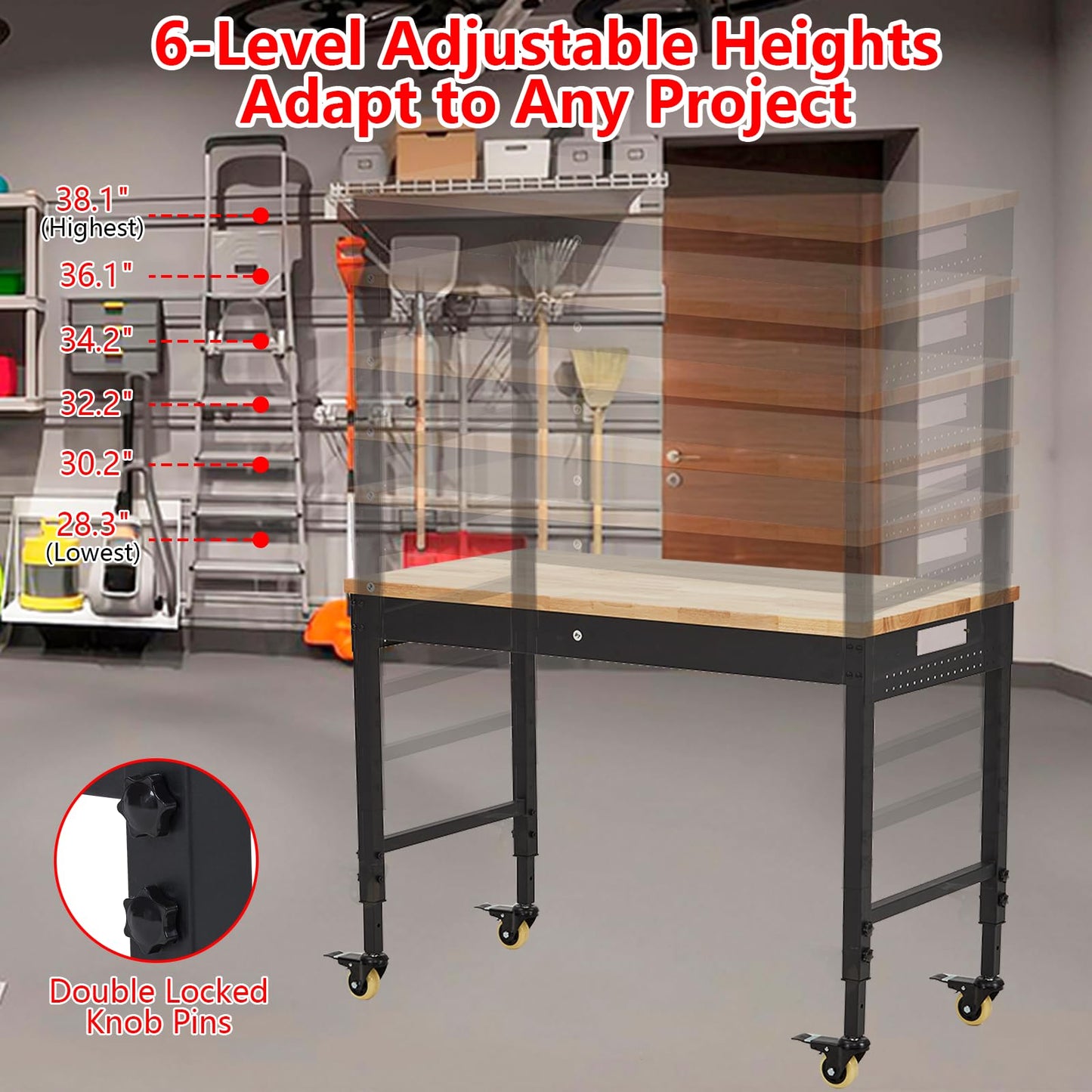 ACONEE Adjustable Workbench for Garage, 60" x 20" Heavy-Duty Rubber Wood Shop Table with Power Outlets & Wheels, 2000 LBS Load Capacity, Hardwood Workstation for Workshop, Garage, Office, Commercial