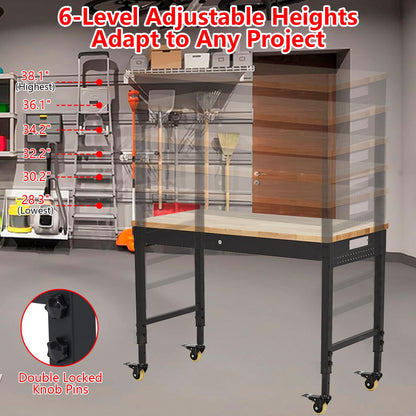 ACONEE Adjustable Workbench for Garage, 60" x 20" Heavy-Duty Rubber Wood Shop Table with Power Outlets & Wheels, 2000 LBS Load Capacity, Hardwood Workstation for Workshop, Garage, Office, Commercial