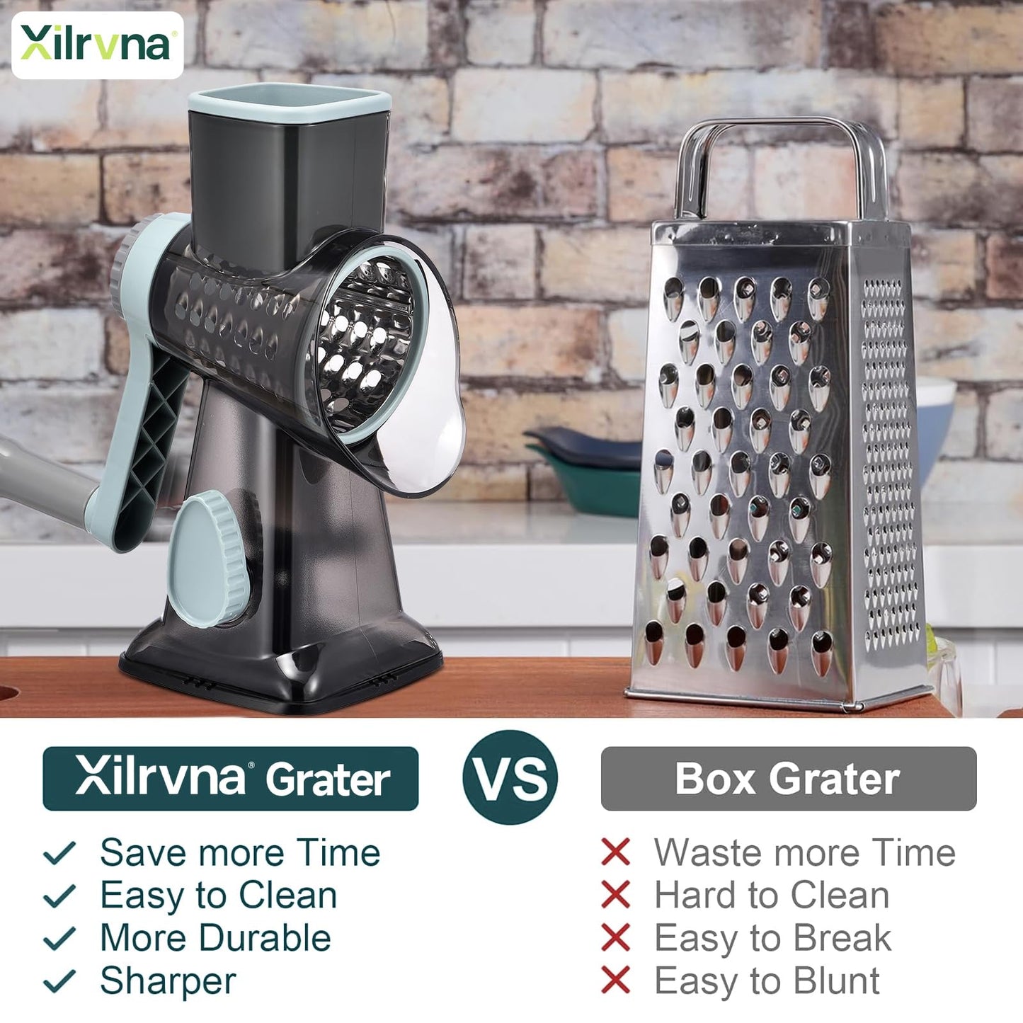 Rotary Cheese Grater with Handle Kitchen Shredder Slicer Grater Slicer Ice Shaver Cheese Vegetable Nuts Potato Zucchini Chocolate 3 Interchangeable Blades (GreyBlue