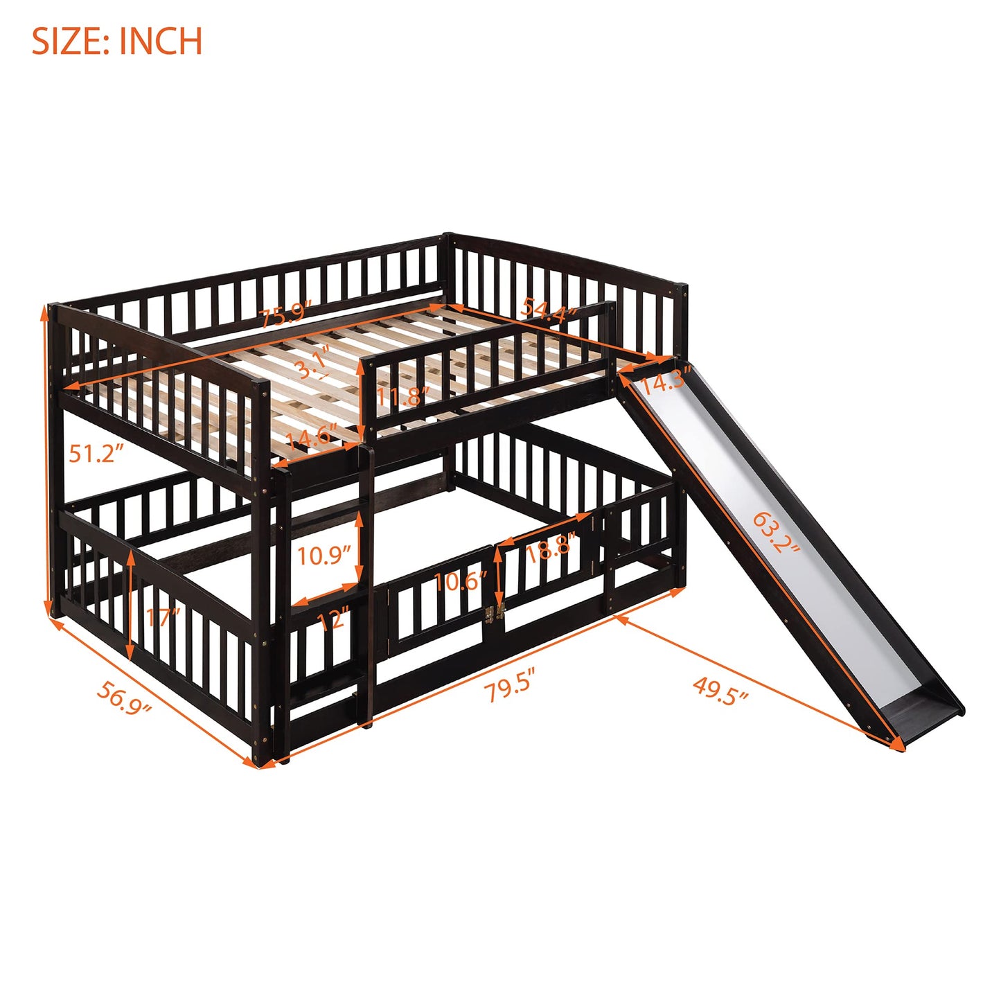 Bellemave Bunk Bed Full Over Full with Slide and Stairs, Bunk Bed for Kids, Girls, Boys, Floor Bunk beds with Fence and Door, Espresso