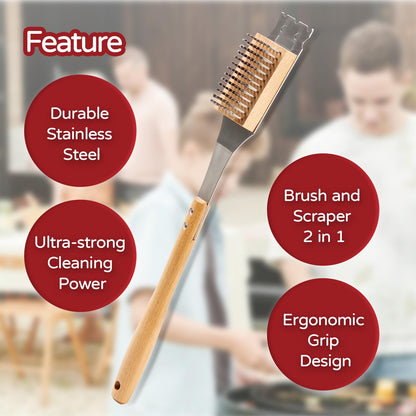 ROCKSHEAT Pizza Oven Brush, 16.9 Inch Grill Cleaning Brush with Scraper, Stainless Steel Bristles with Beech Wood Handle, 2 in 1 Pizza Stones Brush, Ourdoor Pizza Oven Accessories, Heat Resistant