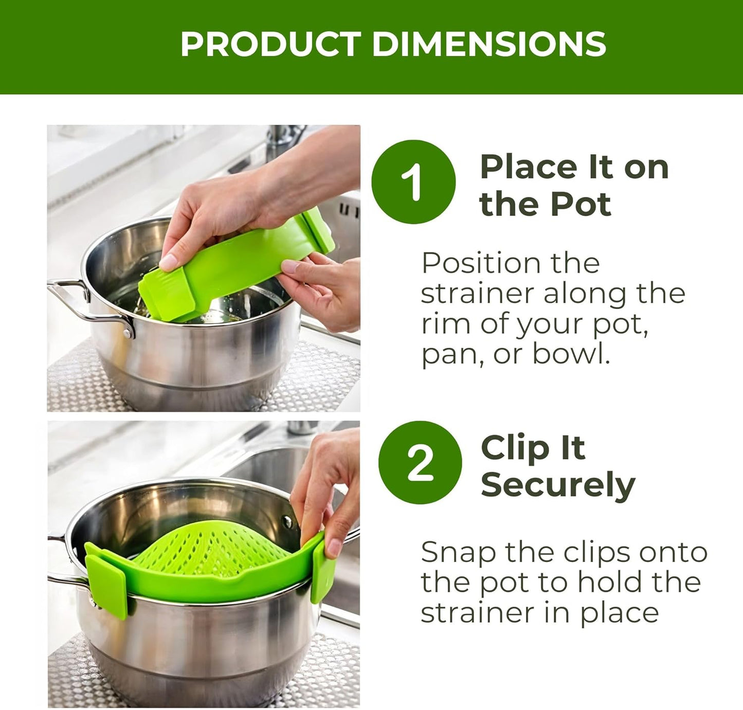 Performore Compact Universal Silicone Snap-On Pot Strainer – Heat-Resistant Clip-On Food Colander, BPA-Free