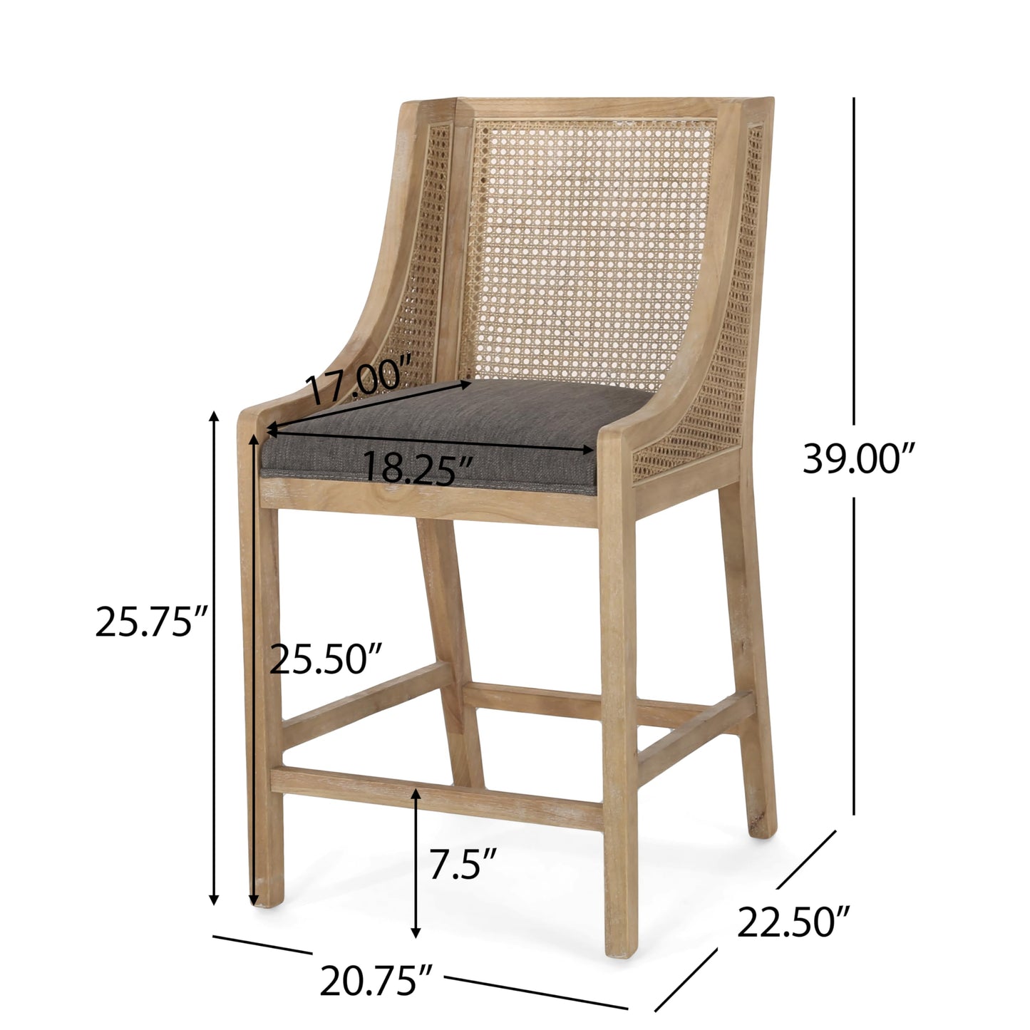 Merax 25.5" Fabric Upholstered Wood and Cane Counter Stools with Backrest,Set of 2,French Country Barstools Chair