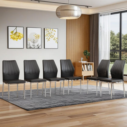 Trygoal Modern Dining Chairs Set of 6, 37" High Back Kitchen Chairs with Ergonomic PU Leather & Silver Metal Legs, Side Chairs with Adjustable Feet for Dining Room, Apartment, Black Silver