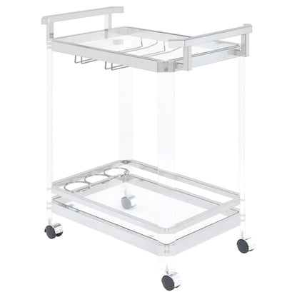 BOWERY HILL Bar Cart, Chrome Finish, Acrylic and Metal Frame with Glass Shelves, 35" H x 28.5" W x 17.25" D, Wine Bottle and Stemware Racks, Contemporary Style Serving Cart with Wheels