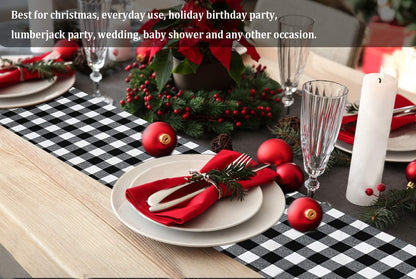 Senneny Christmas Table Runner 14 x 72 Inch, Burlap & Cotton Black White Plaid Reversible Buffalo Check for Holiday